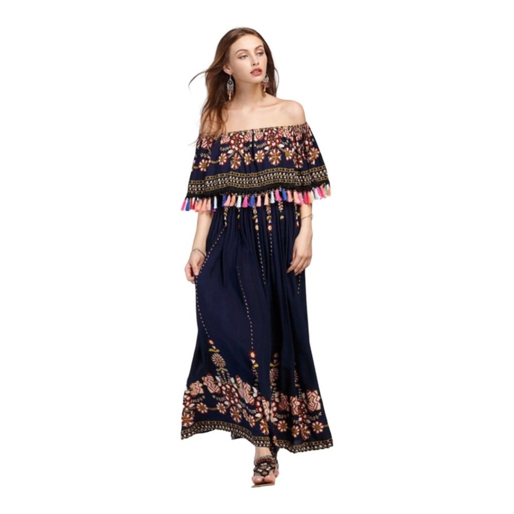 Off  Shoulder Tassel Boho Maxi Summer Ruffle Long Dress Size Medium